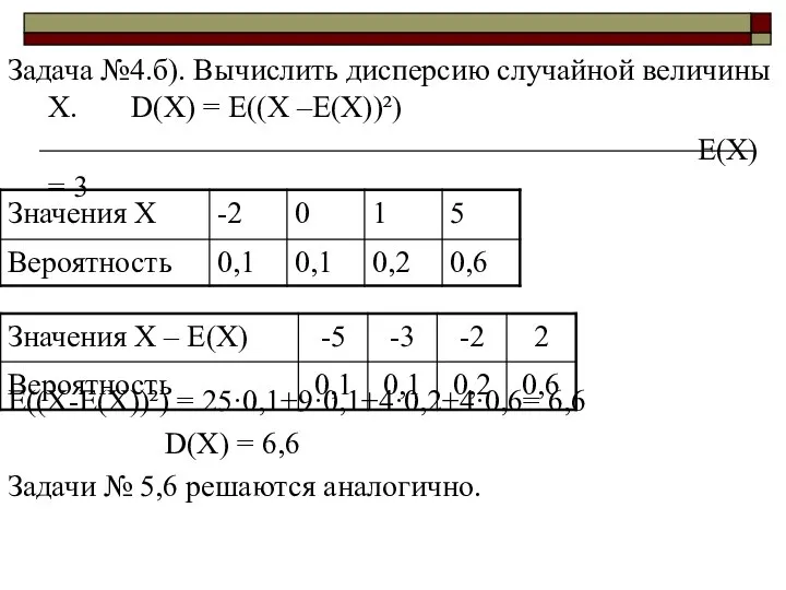 Задача №4.б). Вычислить дисперсию случайной величины Х. D(X) = E((Х –Е(Х))²)