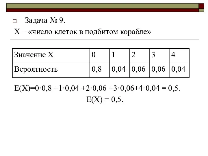 Задача № 9. Х – «число клеток в подбитом корабле» Е(Х)=0·0,8