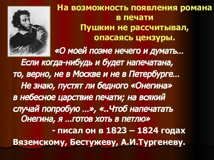 На возможность появления романа в печати Пушкин не рассчитывал, опасаясь цензуры.