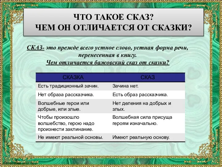 ЧТО ТАКОЕ СКАЗ? ЧЕМ ОН ОТЛИЧАЕТСЯ ОТ СКАЗКИ? СКАЗ- это прежде