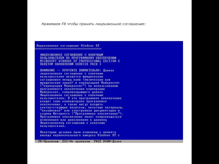 Нажимаем F8 чтобы принять лицензионное соглашение: