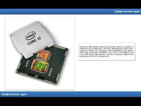 Графическое ядро Графическое ядро Компания AMD первая убрала контроллер памяти из