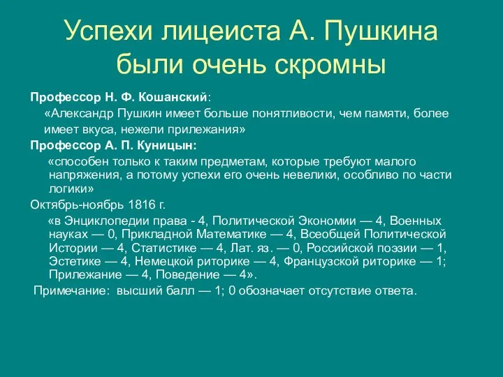 Успехи лицеиста А. Пушкина были очень скромны Профессор Н. Ф. Кошанский: