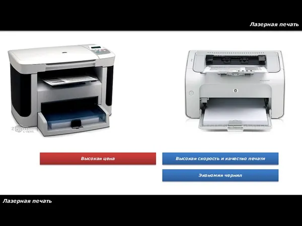 Лазерная печать Лазерная печать Высокая скорость и качество печати Экономия чернил Высокая цена