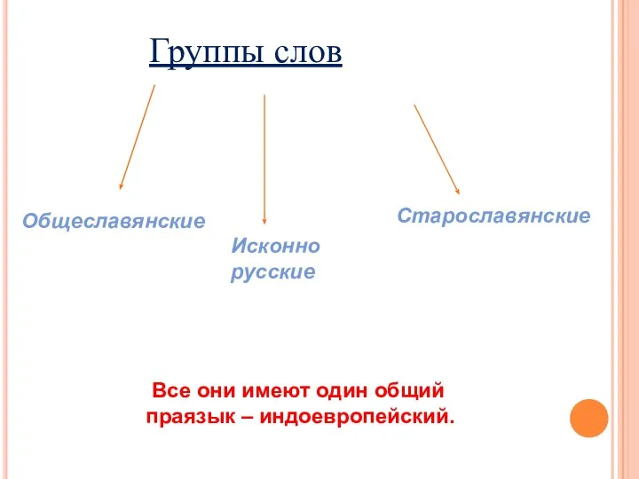 Группы слов Общеславянские Исконно русские Старославянские Все они имеют один общий праязык – индоевропейский.