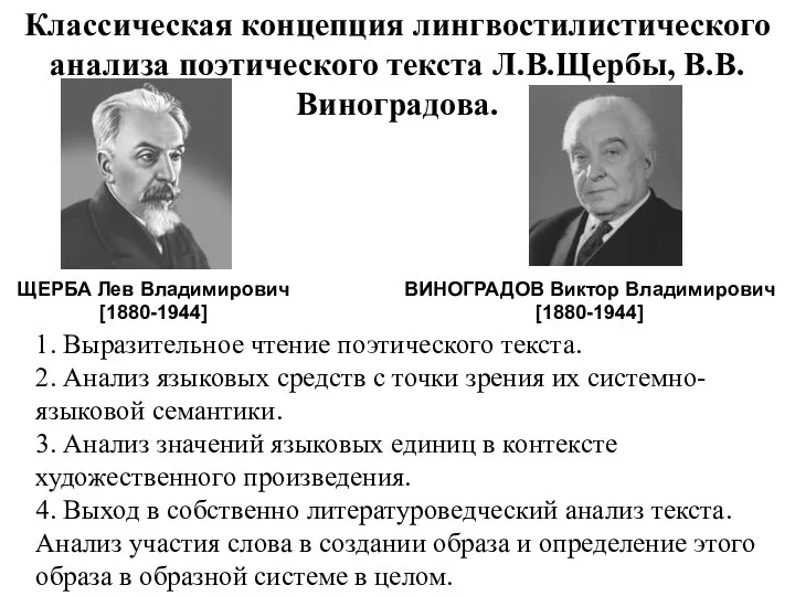 Классическая концепция лингвостилистического анализа поэтического текста Л.В.Щербы, В.В.Виноградова. 1. Выразительное чтение