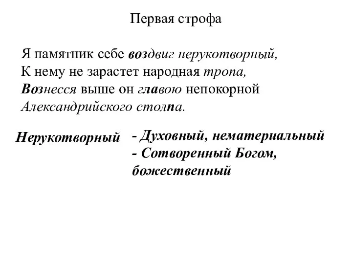 Первая строфа Я памятник себе воздвиг нерукотворный, К нему не зарастет