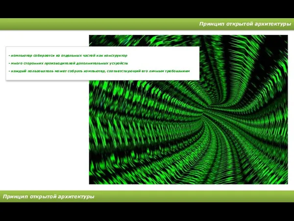 Принцип открытой архитектуры Принцип открытой архитектуры - компьютер собирается из отдельных