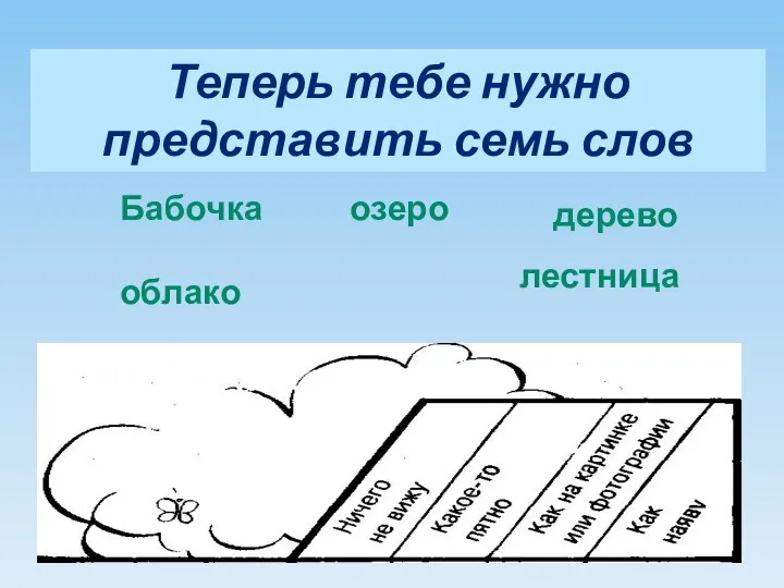 Теперь тебе нужно представить семь слов Бабочка облако озеро дерево лестница