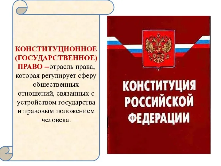 КОНСТИТУЦИОННОЕ(ГОСУДАРСТВЕННОЕ) ПРАВО --отрасль права, которая регулирует сферу общественных отношений, связанных с