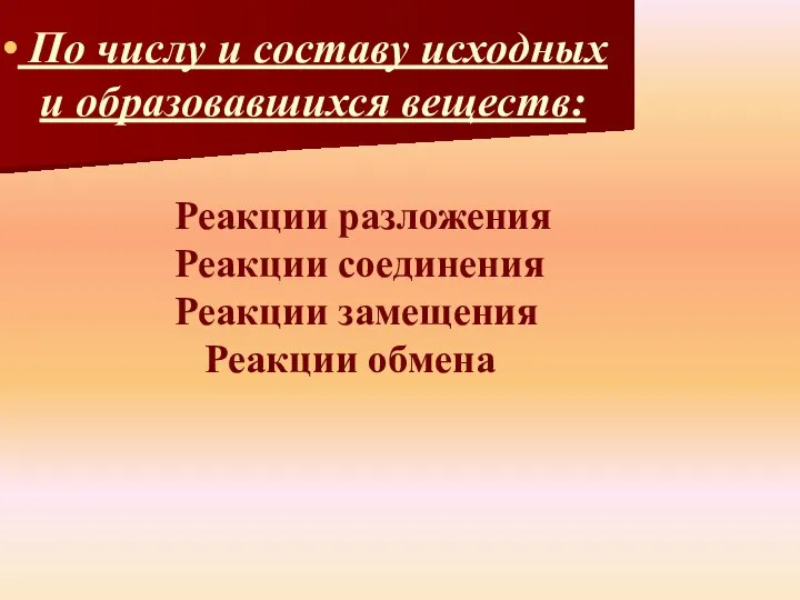 По числу и составу исходных и образовавшихся веществ: Реакции разложения Реакции соединения Реакции замещения Реакции обмена