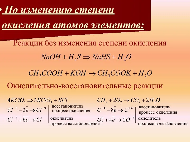 По изменению степени окисления атомов элементов: Окислительно-восстановительные реакции Реакции без изменения