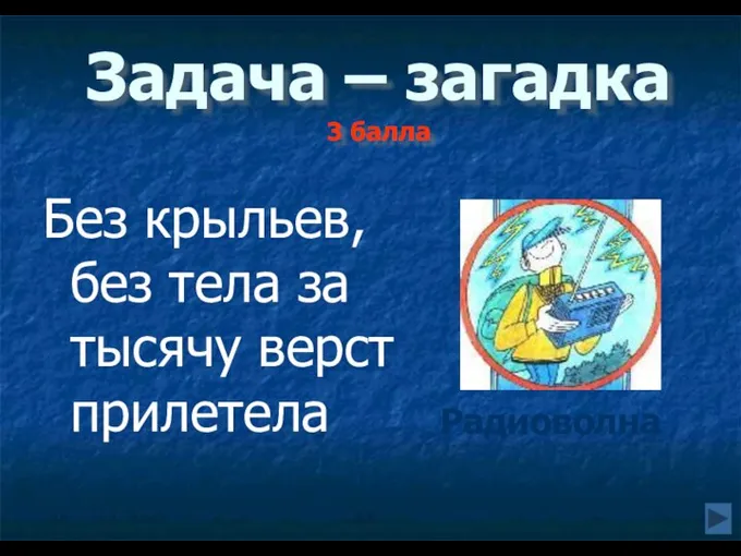 Задача – загадка 3 балла Без крыльев, без тела за тысячу верст прилетела Радиоволна