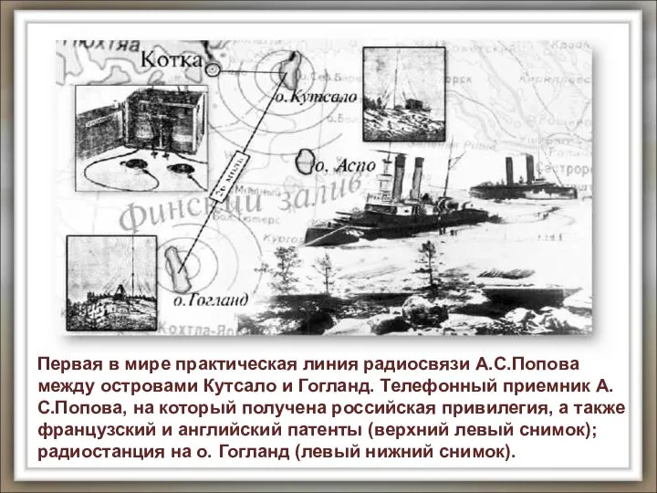 Первая в мире практическая линия радиосвязи А.С.Попова между островами Кутсало и