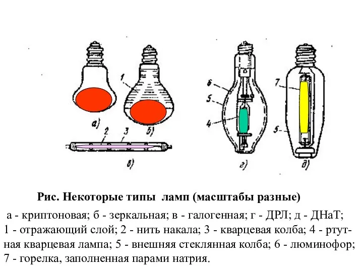 Рис. Некоторые типы ламп (масштабы разные) а - криптоновая; б -