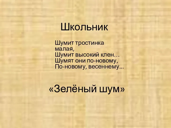 Школьник Шумит тростинка малая, Шумит высокий клен… Шумят они по-новому, По-новому, весеннему... «Зелёный шум»