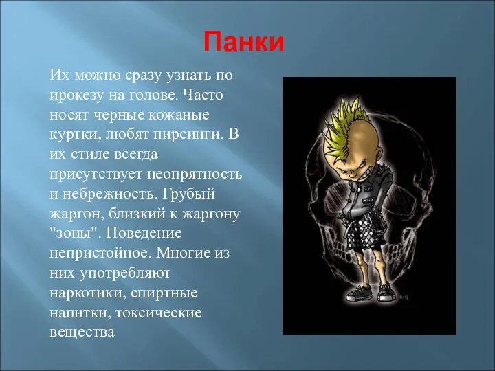 Панки Их можно сразу узнать по ирокезу на голове. Часто носят