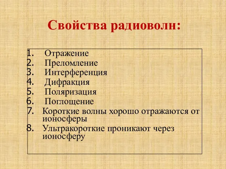 Свойства радиоволн: Отражение Преломление Интерференция Дифракция Поляризация Поглощение Короткие волны хорошо