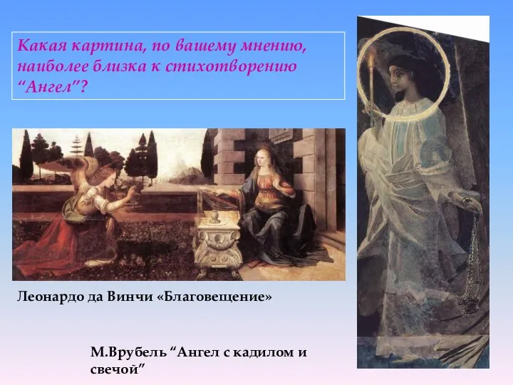 М.Врубель “Ангел с кадилом и свечой” Леонардо да Винчи «Благовещение» Какая