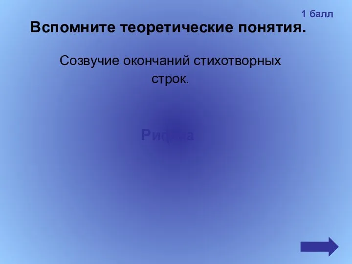 Вспомните теоретические понятия. Созвучие окончаний стихотворных строк. Рифма 1 балл