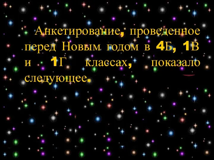 Анкетирование, проведенное перед Новым годом в 4Б, 1В и 1Г классах, показало следующее.