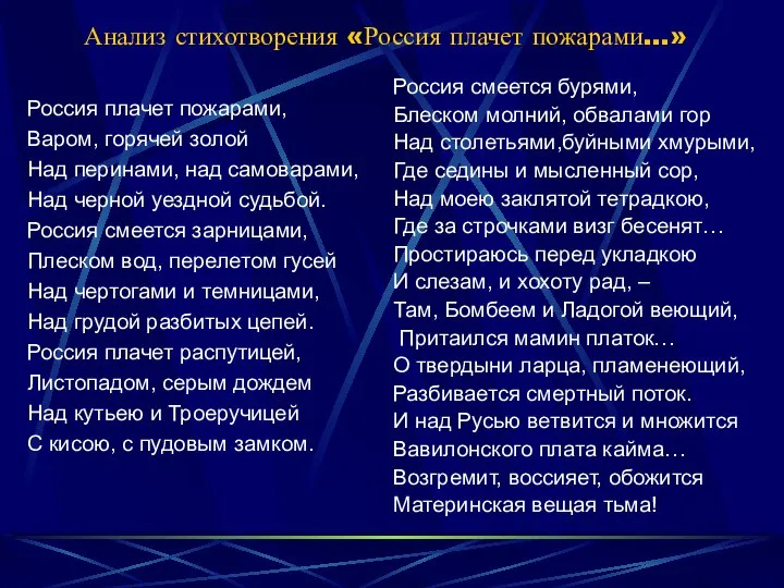 Анализ стихотворения «Россия плачет пожарами…» Россия плачет пожарами, Варом, горячей золой