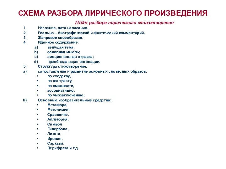 СХЕМА РАЗБОРА ЛИРИЧЕСКОГО ПРОИЗВЕДЕНИЯ План разбора лирического стихотворения Название, дата написания.