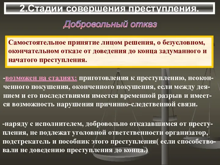 2.Стадии совершения преступления. Добровольный отказ Самостоятельное принятие лицом решения, о безусловном,