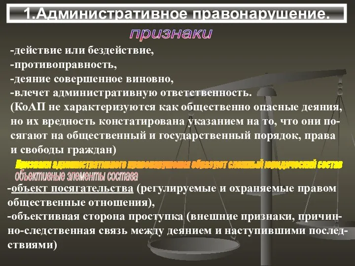 1.Административное правонарушение. признаки -действие или бездействие, -противоправность, -деяние совершенное виновно, -влечет