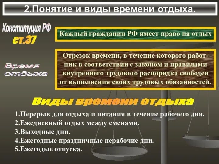 2.Понятие и виды времени отдыха. Конституция РФ Каждый гражданин РФ имеет