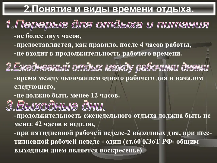 2.Понятие и виды времени отдыха. 1.Перерыв для отдыха и питания -не