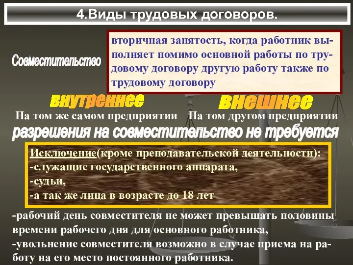 4.Виды трудовых договоров. Совместительство вторичная занятость, когда работник вы- полняет помимо