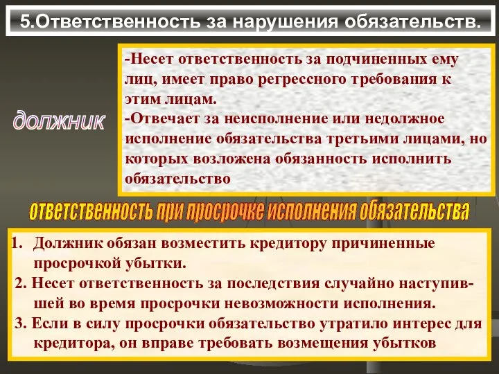 5.Ответственность за нарушения обязательств. -Несет ответственность за подчиненных ему лиц, имеет