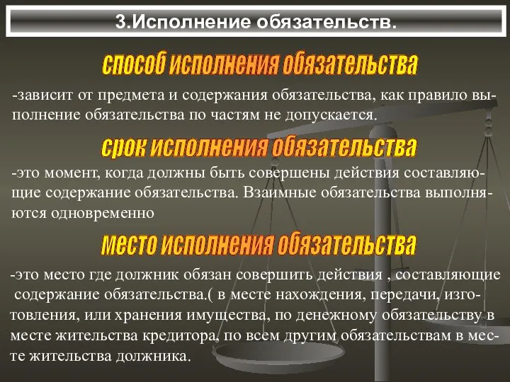 3.Исполнение обязательств. способ исполнения обязательства -зависит от предмета и содержания обязательства,