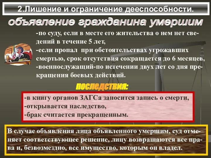 2.Лишение и ограничение дееспособности. объявление гражданина умершим -по суду, если в