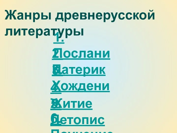 Жанры древнерусской литературы 1. Послание 2. Патерик 3. Хождение 4. Житие 5. Летопись 6. Поучение