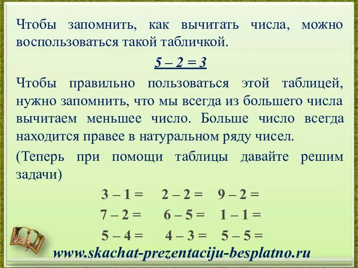 Чтобы запомнить, как вычитать числа, можно воспользоваться такой табличкой. 5 –