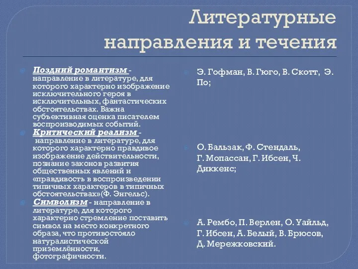 Литературные направления и течения Поздний романтизм -направление в литературе, для которого