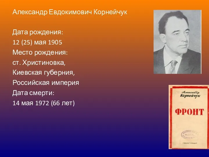 Александр Евдокимович Корнейчук Дата рождения: 12 (25) мая 1905 Место рождения: