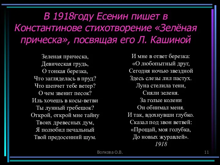 Волкова О.В. В 1918году Есенин пишет в Константинове стихотворение «Зелёная прическа»,