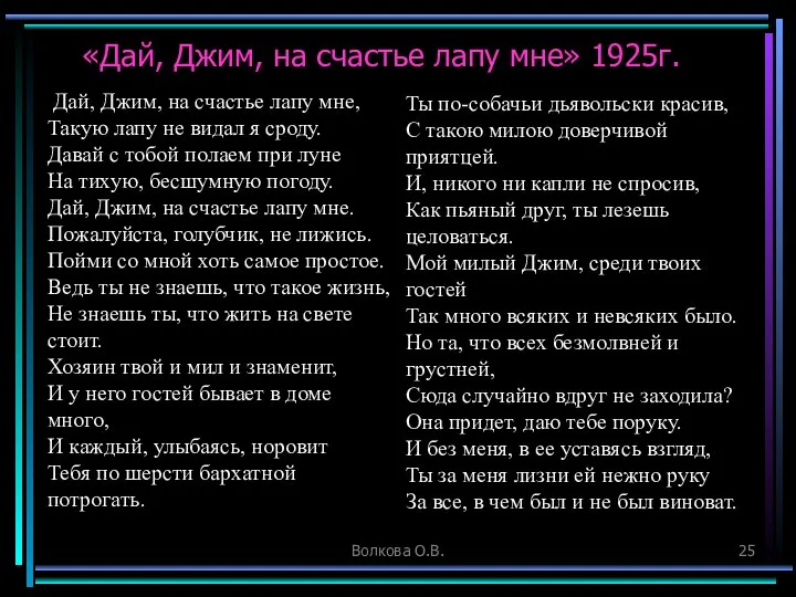 Волкова О.В. «Дай, Джим, на счастье лапу мне» 1925г. Дай, Джим,