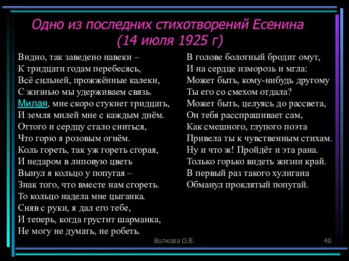 Волкова О.В. Одно из последних стихотворений Есенина (14 июля 1925 г)