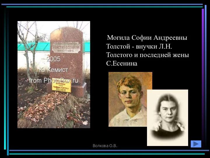 Волкова О.В. Могила Софии Андреевны Толстой - внучки Л.Н.Толстого и последней жены С.Есенина