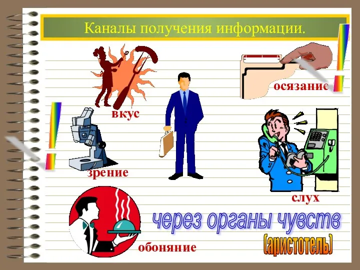 Каналы получения информации. через органы чувств (аристотель) ! !