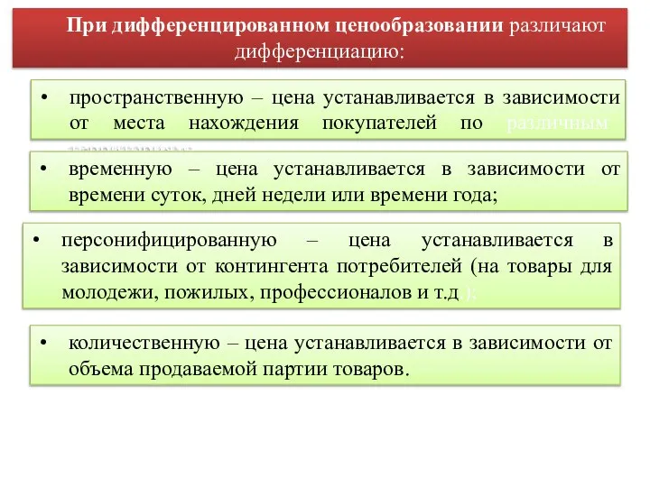 При дифференцированном ценообразовании различают дифференциацию: пространственную – цена устанавливается в зависимости