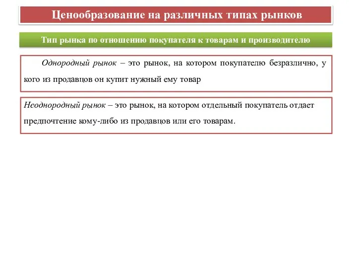 Ценообразование на различных типах рынков Тип рынка по отношению покупателя к