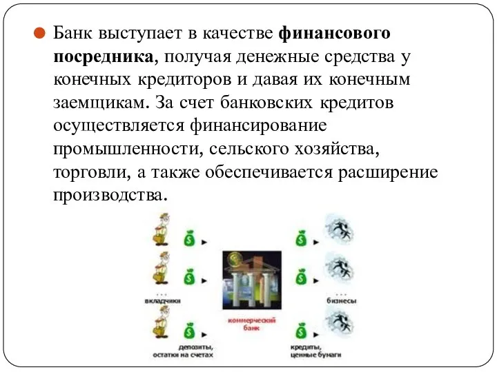 Банк выступает в качестве финансового посредника, получая денежные средства у конечных