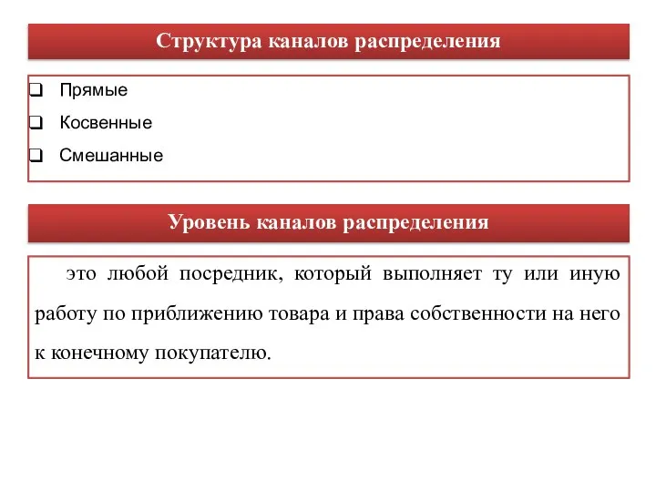 Структура каналов распределения Прямые Косвенные Смешанные Уровень каналов распределения это любой