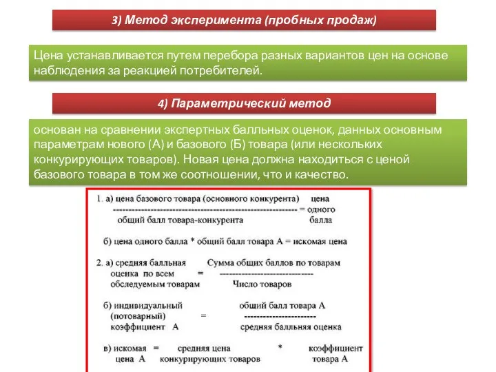 3) Метод эксперимента (пробных продаж) Цена устанавливается путем перебора разных вариантов