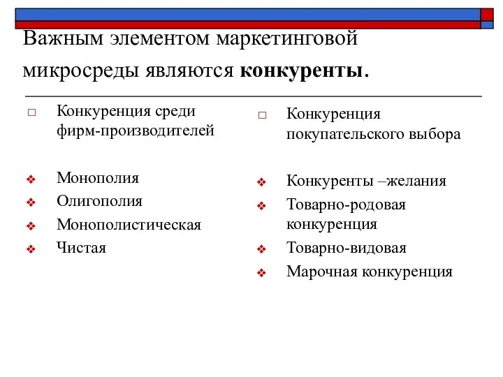 Важным элементом маркетинговой микросреды являются конкуренты. Конкуренция среди фирм-производителей Монополия Олигополия